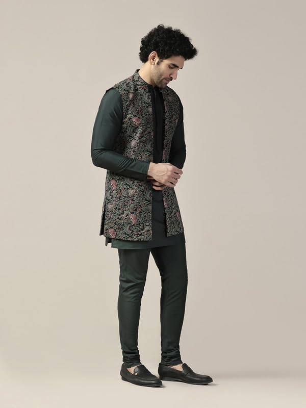 KISAH Men's Kurta Jacket Churidar Set, Multi Cotton Blend, Printed Regular Fit Mandarin Collar Long Sleeves main image