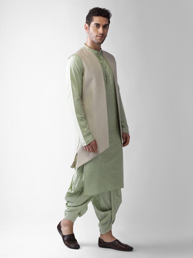 KISAH Mens Kurta Jacket Dhoti Set, Silk Blend Jacquard Mandarin Collar Long Sleeves, Beige Ethnic Wear Set for Men gallery image
