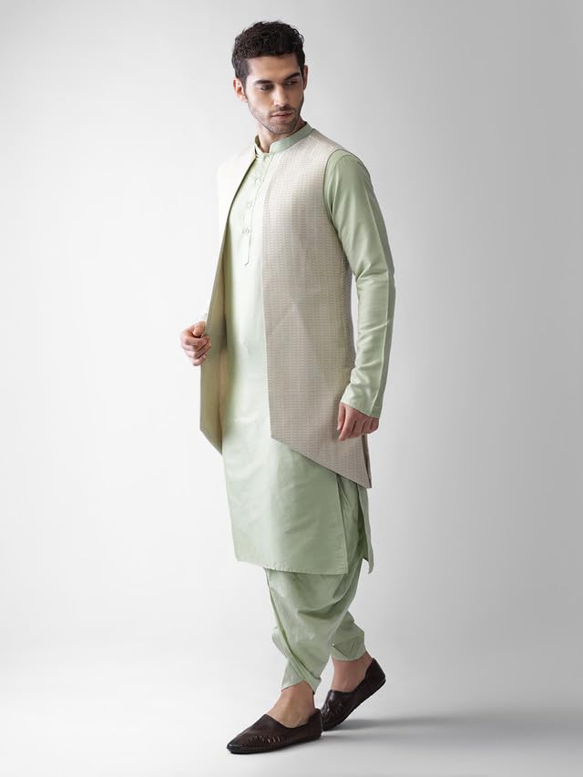 KISAH Mens Kurta Jacket Dhoti Set, Silk Blend Jacquard Mandarin Collar Long Sleeves, Beige Ethnic Wear Set for Men gallery image