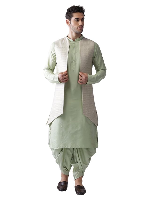 KISAH Mens Kurta Jacket Dhoti Set, Silk Blend Jacquard Mandarin Collar Long Sleeves, Beige Ethnic Wear Set for Men main image