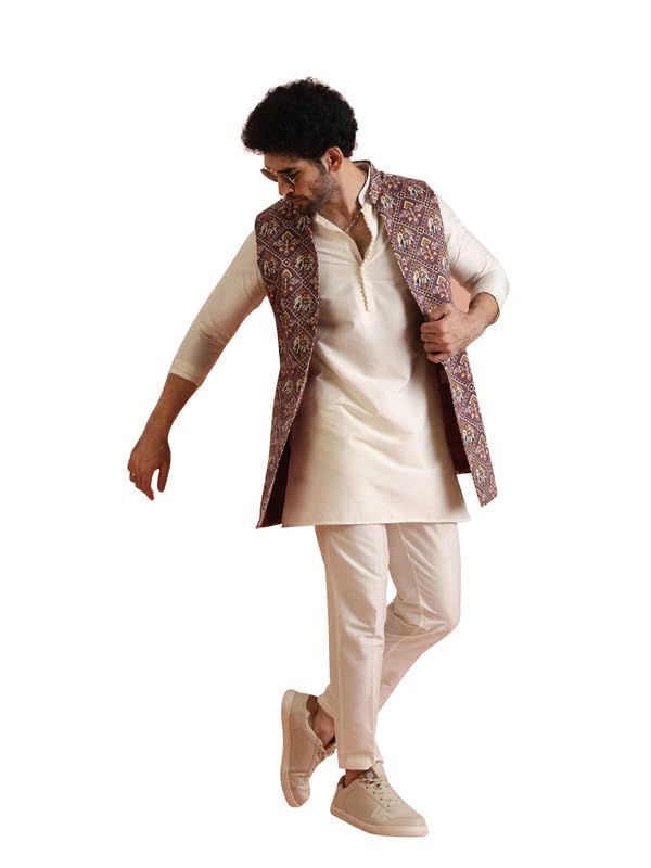 KISAH Mens Kurta Jacket Trouser Set|Cotton Blend Fabric Printed Pattern Mens Ethnic Wear|Regular Fit Mandarin Collar Long Sleeves gallery image