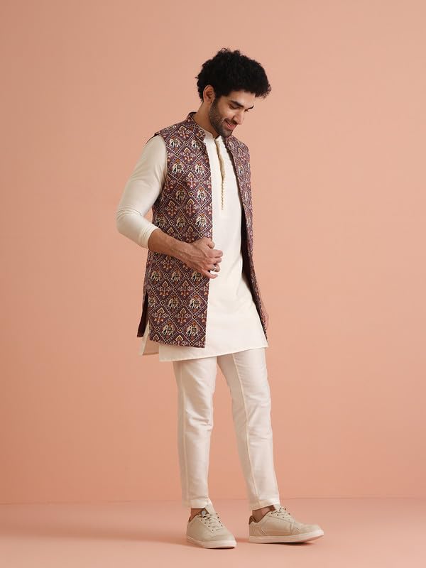 KISAH Mens Kurta Jacket Trouser Set|Cotton Blend Fabric Printed Pattern Mens Ethnic Wear|Regular Fit Mandarin Collar Long Sleeves gallery image