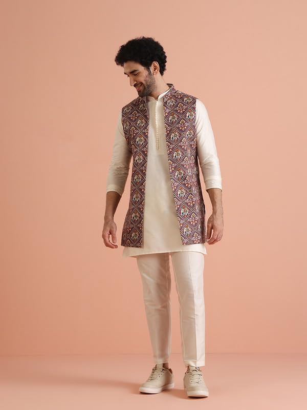 KISAH Mens Kurta Jacket Trouser Set|Cotton Blend Fabric Printed Pattern Mens Ethnic Wear|Regular Fit Mandarin Collar Long Sleeves gallery image