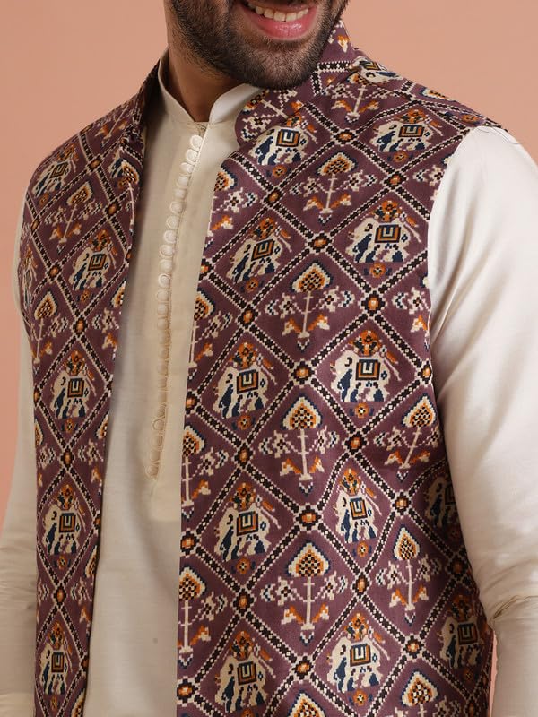 KISAH Mens Kurta Jacket Trouser Set|Cotton Blend Fabric Printed Pattern Mens Ethnic Wear|Regular Fit Mandarin Collar Long Sleeves gallery image