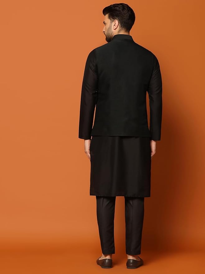 KISAH Men's Kurta Jacket Trousers Set Cotton Blend, Embroidered, Straight, Regular Fit, Mandarin Collar Ethnic Wear, Black gallery image