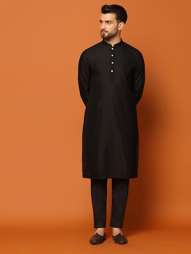 KISAH Men's Kurta Jacket Trousers Set Cotton Blend, Embroidered, Straight, Regular Fit, Mandarin Collar Ethnic Wear, Black gallery image