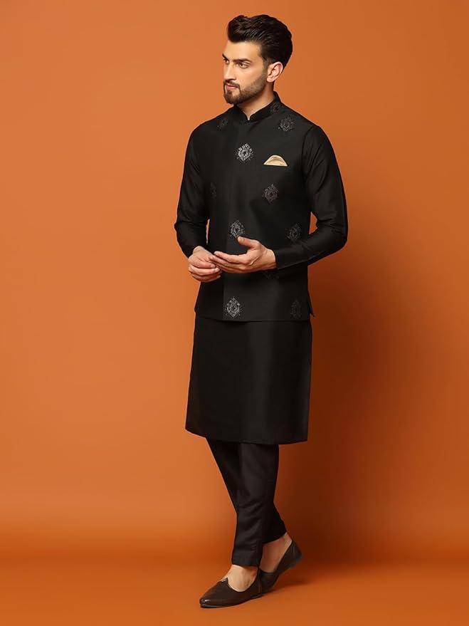 KISAH Men's Kurta Jacket Trousers Set Cotton Blend, Embroidered, Straight, Regular Fit, Mandarin Collar Ethnic Wear, Black gallery image