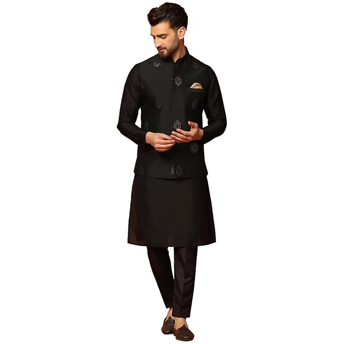 KISAH Men's Kurta Jacket Trousers Set Cotton Blend, Embroidered, Straight, Regular Fit, Mandarin Collar Ethnic Wear, Black gallery image
