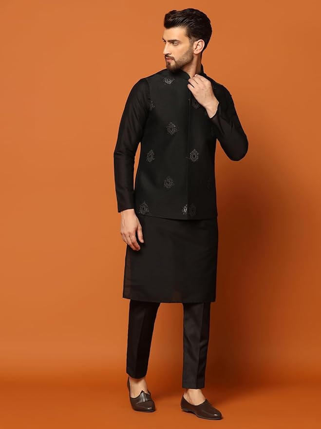 KISAH Men's Kurta Jacket Trousers Set Cotton Blend, Embroidered, Straight, Regular Fit, Mandarin Collar Ethnic Wear, Black gallery image