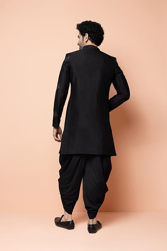 KISAH Men's Sherwani Dhoti Set, Silk Blend Full Sleaves, Knee Length, Straight, Regular Fit, Mandarin Collar Ethnic wear gallery image