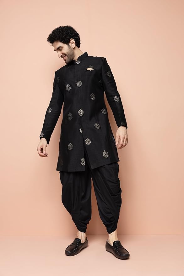 KISAH Men's Sherwani Dhoti Set, Silk Blend Full Sleaves, Knee Length, Straight, Regular Fit, Mandarin Collar Ethnic wear gallery image