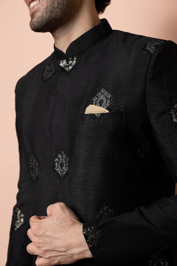 KISAH Men's Sherwani Dhoti Set, Silk Blend Full Sleaves, Knee Length, Straight, Regular Fit, Mandarin Collar Ethnic wear gallery image