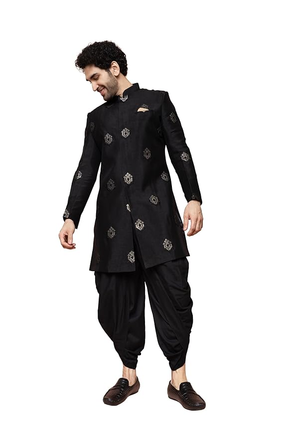 KISAH Men's Sherwani Dhoti Set, Silk Blend Full Sleaves, Knee Length, Straight, Regular Fit, Mandarin Collar Ethnic wear main image