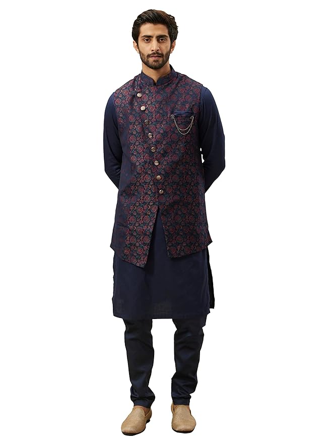 Manyavar Men's Satin Kurta Jacket Pyjama Set gallery image