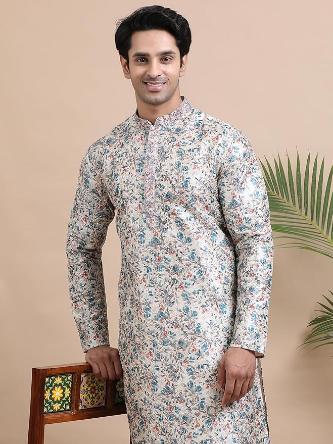 Men Empire Thread Work Kurta with Pyjamas - Cool Grey gallery image