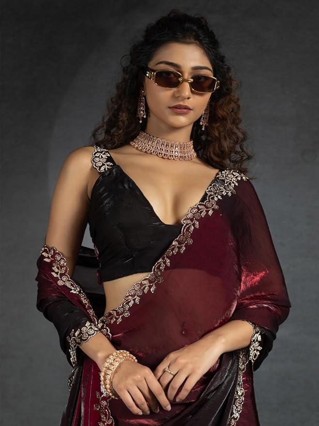 SAREE MALL Women's Burgundy Satin Silk Beads & Stones Saree With Unstitched Blouse Piece gallery image