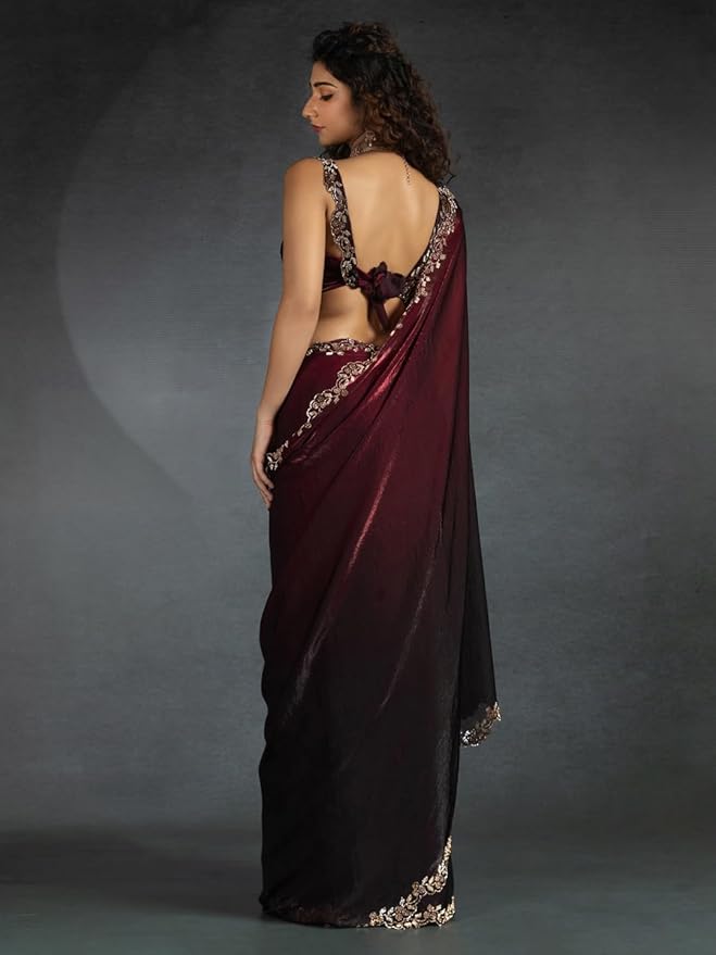 SAREE MALL Women's Burgundy Satin Silk Beads & Stones Saree With Unstitched Blouse Piece gallery image