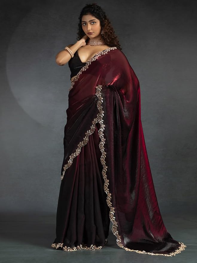 SAREE MALL Women's Burgundy Satin Silk Beads & Stones Saree With Unstitched Blouse Piece gallery image