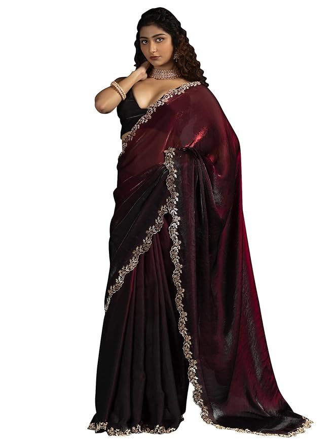 SAREE MALL Women's Burgundy Satin Silk Beads & Stones Saree With Unstitched Blouse Piece gallery image