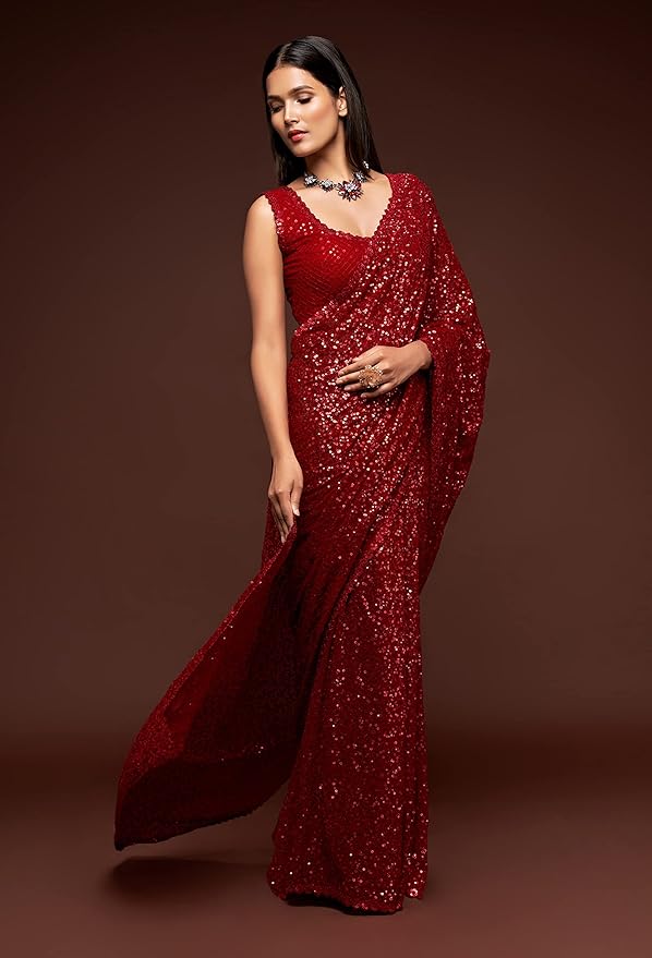 TRENDMALLS Women's Georgette Heavy Sequins Work Heavy Saree with Blouse (Latest-Sequins-Party-Saree) gallery image