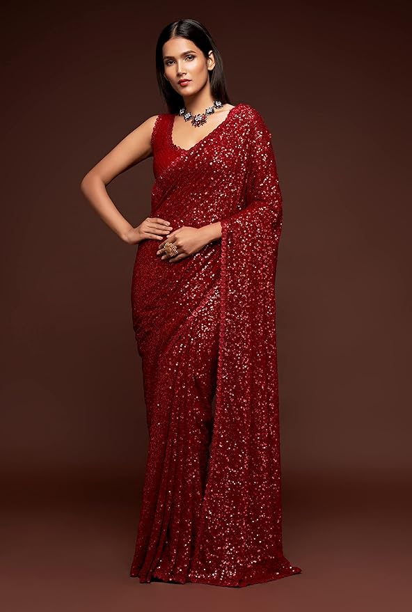 TRENDMALLS Women's Georgette Heavy Sequins Work Heavy Saree with Blouse (Latest-Sequins-Party-Saree) gallery image