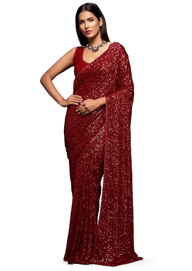 TRENDMALLS Women's Georgette Heavy Sequins Work Heavy Saree with Blouse (Latest-Sequins-Party-Saree) main image