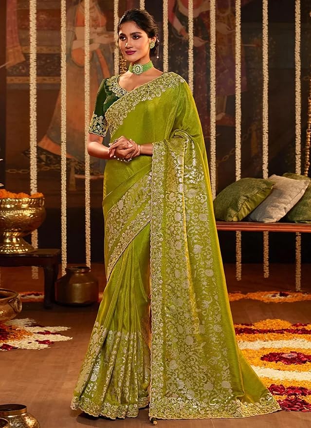 TRENDMALLS Women's Jacquard Silk Embroidery work Saree with Unstitched Blouse Piece (K1064-Green) gallery image