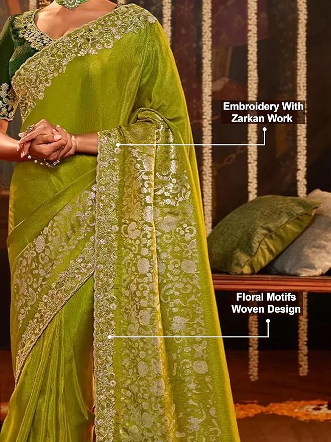 TRENDMALLS Women's Jacquard Silk Embroidery work Saree with Unstitched Blouse Piece (K1064-Green) gallery image