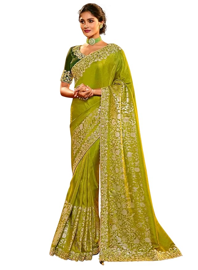 TRENDMALLS Women's Jacquard Silk Embroidery work Saree with Unstitched Blouse Piece (K1064-Green) gallery image