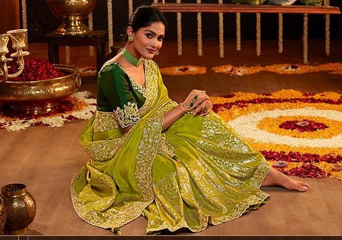 TRENDMALLS Women's Jacquard Silk Embroidery work Saree with Unstitched Blouse Piece (K1064-Green) gallery image