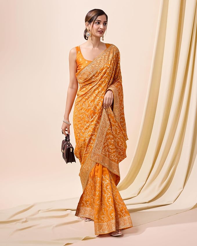 TRENDMALLS Women's Vichitra Silk Embroidery, Siroski Stone Work Saree with Unstitch Blouse Piece gallery image