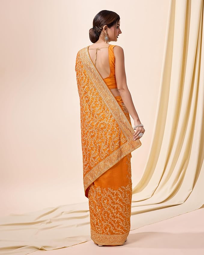 TRENDMALLS Women's Vichitra Silk Embroidery, Siroski Stone Work Saree with Unstitch Blouse Piece gallery image