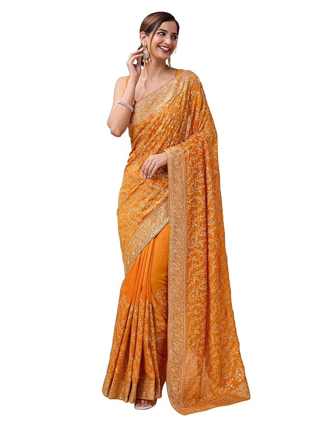 TRENDMALLS Women's Vichitra Silk Embroidery, Siroski Stone Work Saree with Unstitch Blouse Piece gallery image