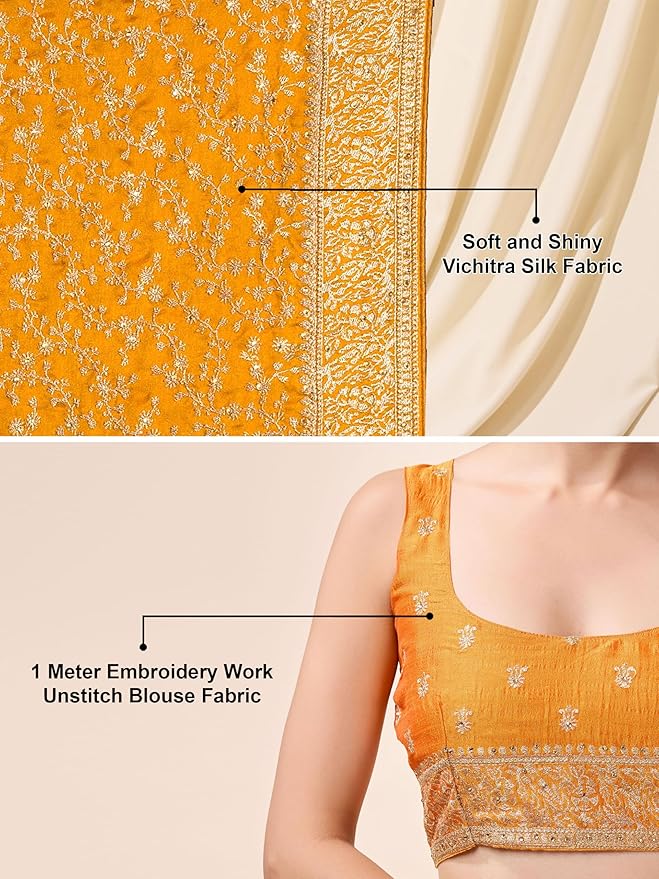 TRENDMALLS Women's Vichitra Silk Embroidery, Siroski Stone Work Saree with Unstitch Blouse Piece gallery image