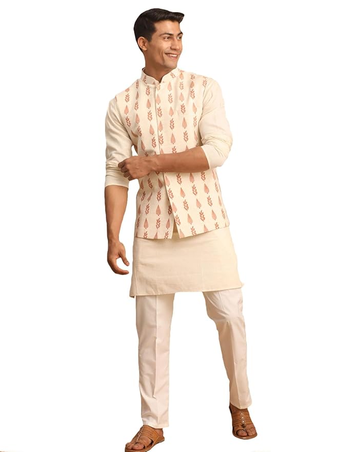 Vastramay Leaf Pattern Cotton Nehru Jacket with Kurta and Pyjama Set – Elegant Ethnic Wear for Men gallery image