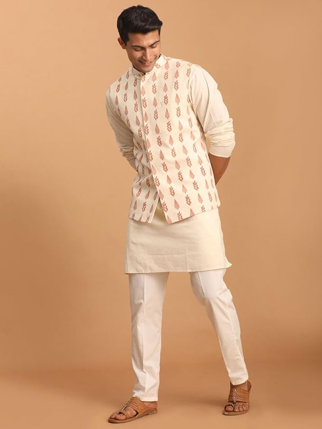 Vastramay Leaf Pattern Cotton Nehru Jacket with Kurta and Pyjama Set – Elegant Ethnic Wear for Men gallery image