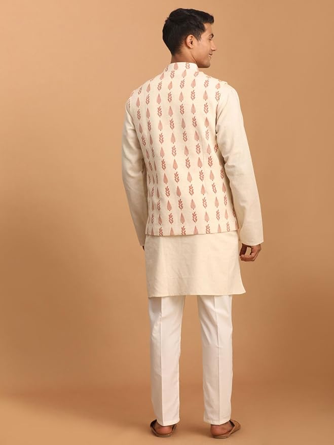 Vastramay Leaf Pattern Cotton Nehru Jacket with Kurta and Pyjama Set – Elegant Ethnic Wear for Men gallery image