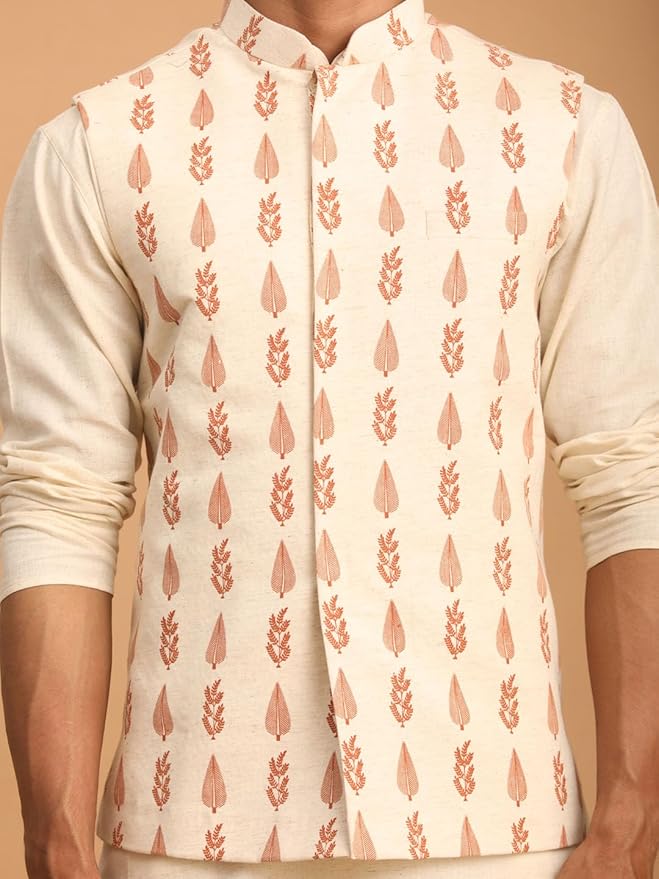 Vastramay Leaf Pattern Cotton Nehru Jacket with Kurta and Pyjama Set – Elegant Ethnic Wear for Men gallery image