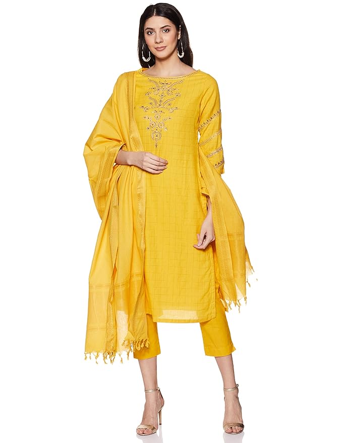 Women Cotton Straight Kurta Slim Pants Suit Set main image