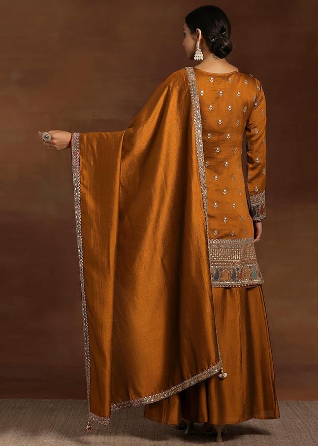 Women's Art Silk Sequins Embroidery Kurta Sharara Set with Dupatta for Women Kurta Palazzo Set gallery image