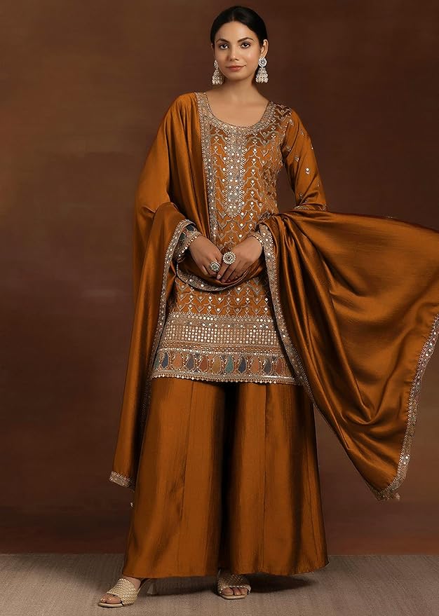 Women's Art Silk Sequins Embroidery Kurta Sharara Set with Dupatta for Women Kurta Palazzo Set gallery image