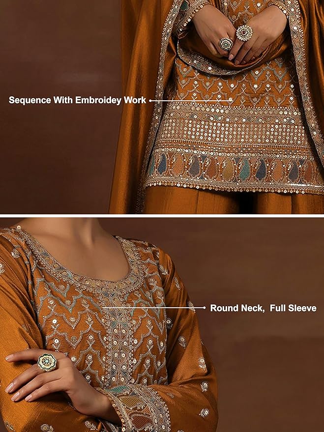 Women's Art Silk Sequins Embroidery Kurta Sharara Set with Dupatta for Women Kurta Palazzo Set gallery image