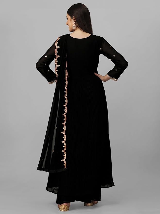 Women's Georgette Embroidery Salwar Suit Set Kurta Palazzo with Dupatta Black Nyra Cut Kurta Set for Women gallery image
