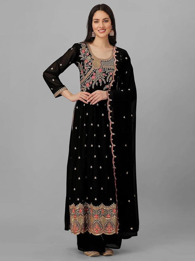 Women's Georgette Embroidery Salwar Suit Set Kurta Palazzo with Dupatta Black Nyra Cut Kurta Set for Women gallery image