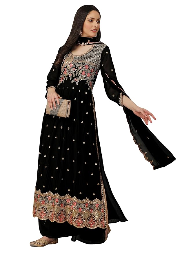 Women's Georgette Embroidery Salwar Suit Set Kurta Palazzo with Dupatta Black Nyra Cut Kurta Set for Women gallery image