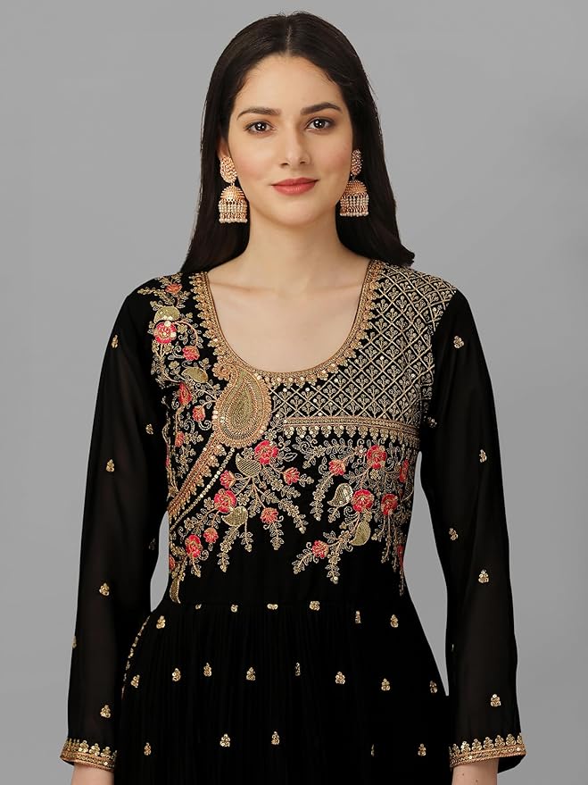 Women's Georgette Embroidery Salwar Suit Set Kurta Palazzo with Dupatta Black Nyra Cut Kurta Set for Women gallery image