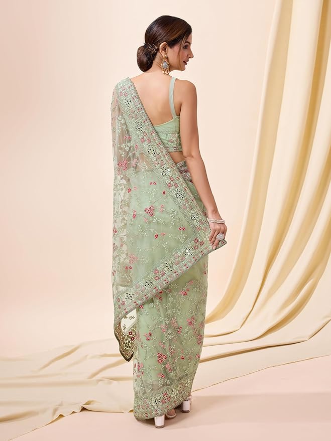 Women's Net Embroidery work Saree with Unstitched Blouse Piece gallery image