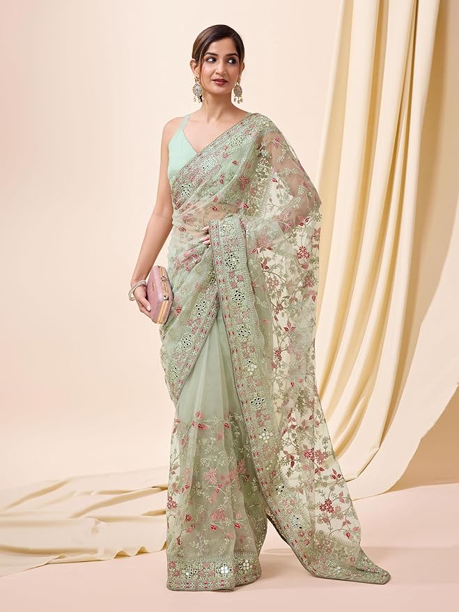 Women's Net Embroidery work Saree with Unstitched Blouse Piece gallery image