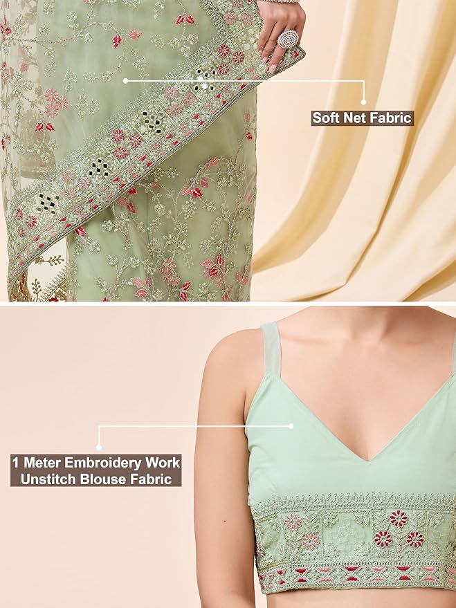 Women's Net Embroidery work Saree with Unstitched Blouse Piece gallery image