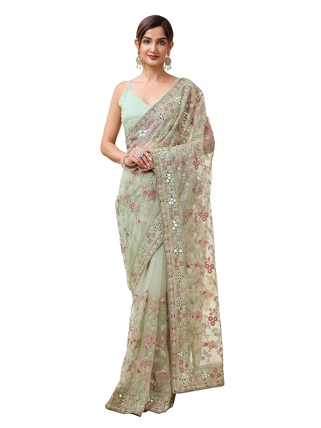Women's Net Embroidery work Saree with Unstitched Blouse Piece main image